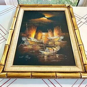 Mid Century Modern Oil Painting Asian Harbor Scene Bamboo Frame.